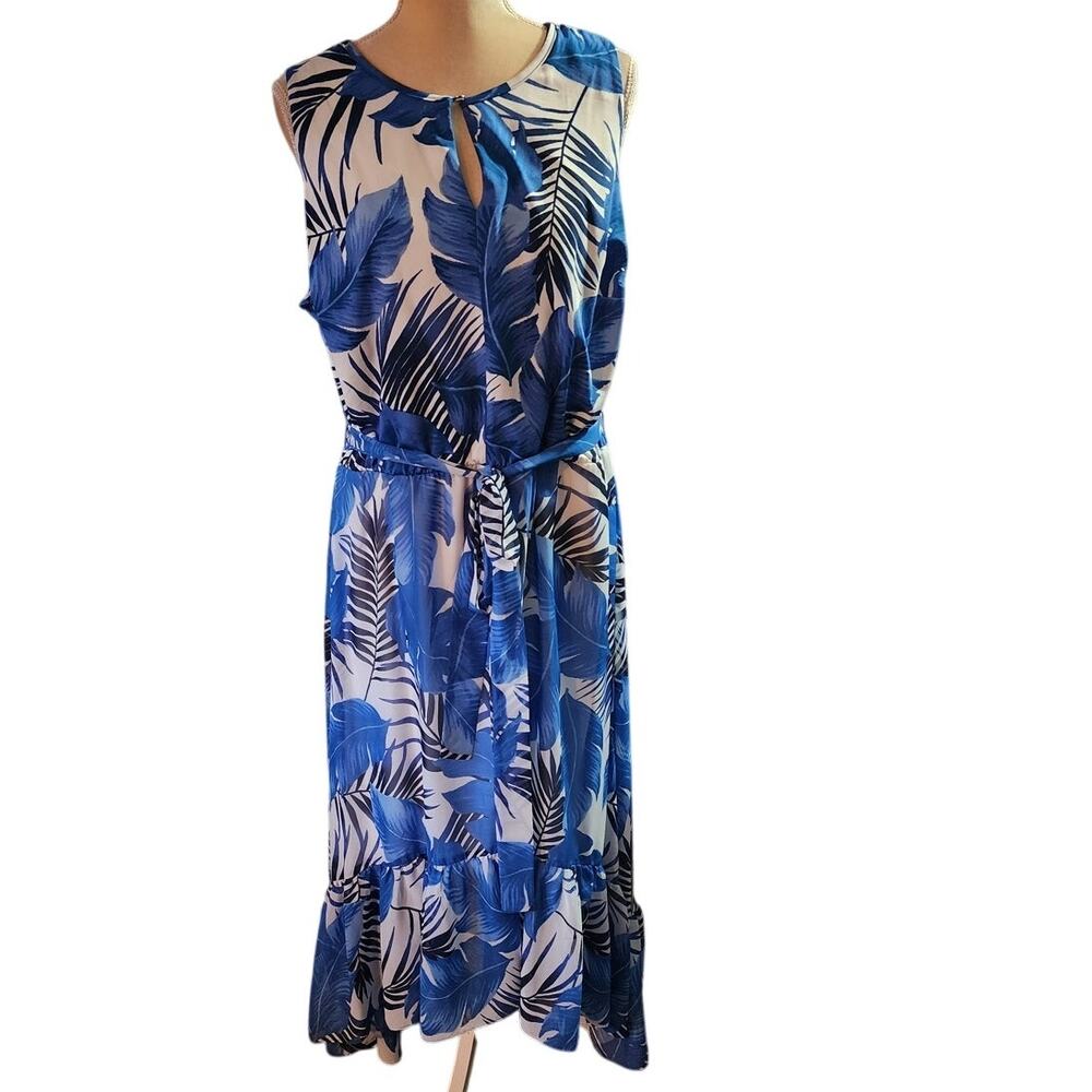 Lane Bryant Sleeveless Blue White Hawaiian Tropical Leaf Keyhole Dress Plus 16